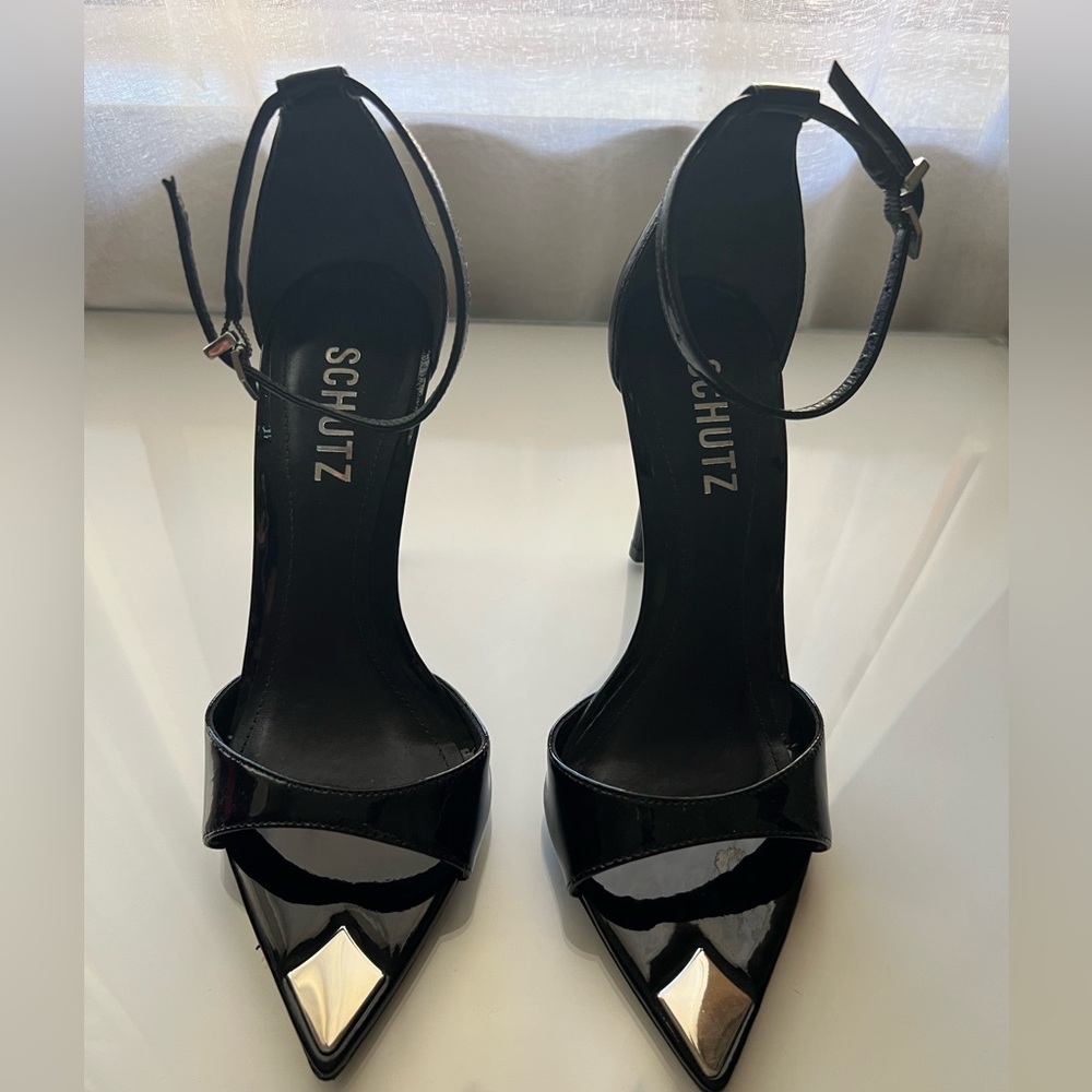 SCHUTZ Black Patent Leather Heels with Silver Accents - Picture 2 of 5